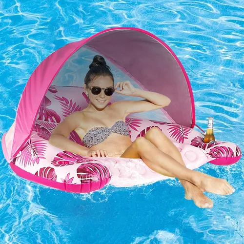 Miniatura 9 de COOLCOOLDEE Flotador de piscina con toldo y portavasos - Flotador de silla de piscina XL con cubierta de parasol ajustable, portavasos, respaldo Azul