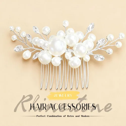 Miniatura 2 de Evild Accesorios para el cabello de perlas Peine de pelo de novia de boda Piezas de pelo nupcial para mujeres (plata)