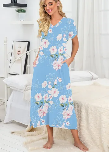 Miniatura 2 de PrinStory Camisón largo para mujer, camisón de manga corta con cuello en V, ropa de descanso suave, ropa de dormir casual con bolsillos