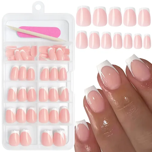 Miniatura 8 de AddFavor Uñas Postizas de Punta Francesa Cortas, 120 piezas Uñas Postizas Blancas con Punta Francesa Uñas Postizas Cuadradas Nude Uñas Acrílicas