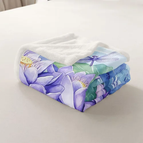 Miniatura 7 de Manfei Manta de flores de loto morado, manta de cama bohemia con libélula para niños, niñas, adultos, manta floral de acuarela para sofá, manta