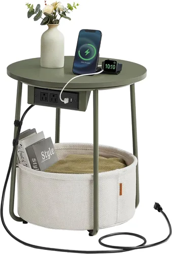 Miniatura 16 de VASAGLE Colección LILEA - Mesa auxiliar con estación de carga, mesa auxiliar redonda con cesta de tela, mesita de noche con puertos USB, para sala