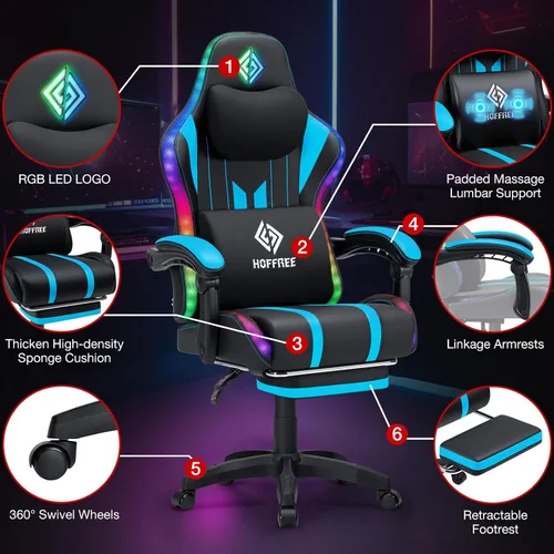 Miniatura 8 de HOFFREE Silla Gaming con Luces LED RGB de Ritmo Musical y Altavoces Bluetooth Silla Ergonómica de Gaming para Computadora con Masaje y Reposapiés