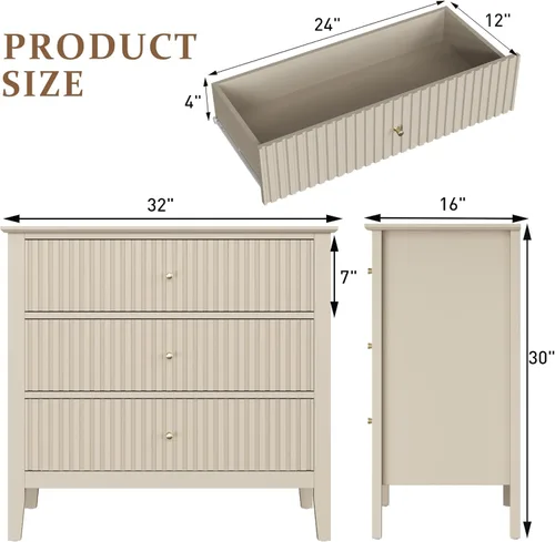 Miniatura 2 de RoyalCraft Cómoda Acanalada Beige de 3 Cajones, Cómoda de 32 Pulgadas de Ancho Mesita de Noche para Dormitorio, Cofre de Cajones de Madera Moderno