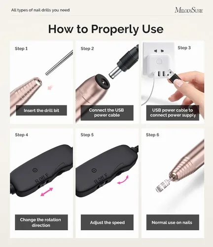 Miniatura 5 de MelodySusie - Kit de torno eléctrico PC120I negro con lima portátil para uñas de gel y acrílico, incluye fresas, bandas de limado, dorado