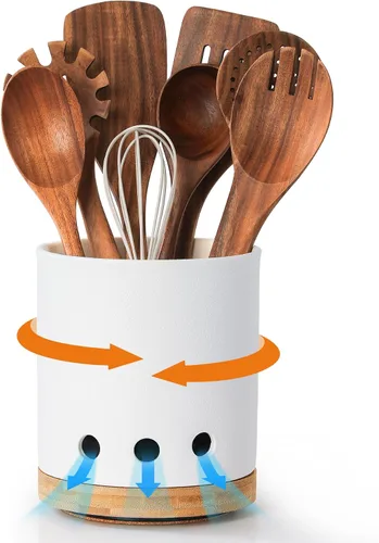 Miniatura 20 de LoeJan Soporte para Utensilios de 3 Compartimentos, Recipiente para Utensilios Extra Grande, Organizador de Utensilios de Cerámica Estable, Juego