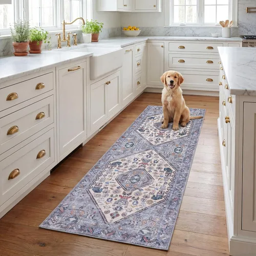 SAFAVIEH Tucson Collection - Alfombra lavable de 2 pies 6 pulgadas x 8 pies, beige y gris, antideslizante, ideal para zonas de alto tráfico en sala