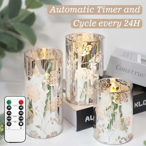 Miniatura 7 de Velas de Cristal Florales Sin Llama Rosa Románticas Operadas con Batería con Control Remoto Parpadeantes LED Plateadas Vela de Pilar de Cera Real