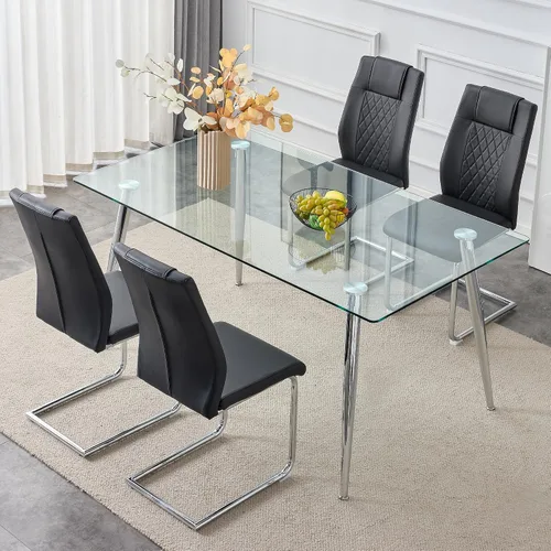 Miniatura 32 de Juego de mesa de comedor en blanco y negro de 51 pulgadas para 4, mesa de cristal minimalista moderna y 4 sillas tapizadas de piel sintética