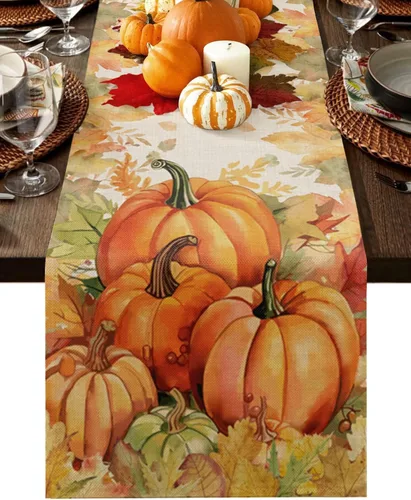 Camino de mesa de calabazas de Acción de Gracias de otoño - Lino de algodón de 108 pulgadas, bufandas rústicas de tocador para cosecha de calabazas,
