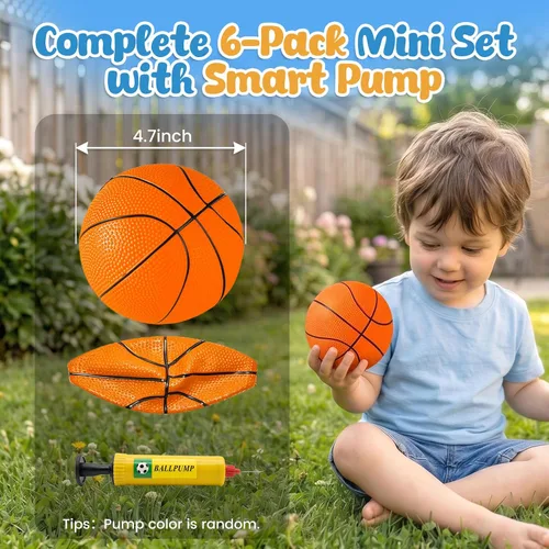 Miniatura 2 de Shindel 6 piezas de pelotas de baloncesto mini, pelotas de goma hinchables de 4.7 pulgadas con bomba para mini aro para niños, juego en interiores