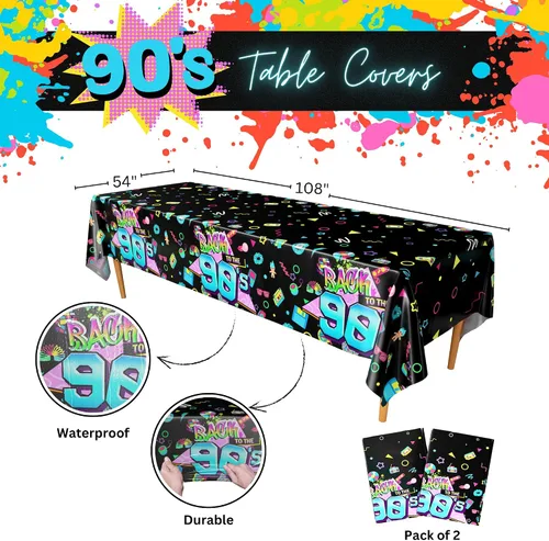 Miniatura 2 de Blue Orchards Fundas de mesa para fiestas de los años 90 (paquete de 2) – Mantel de plástico retro de los años 90 de 54 x 108 pulgadas, decoración