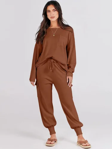 Miniatura 5 de Caracilia Conjunto de dos piezas para mujer, suéter de punto de manga larga y pantalones deportivos tipo cargo