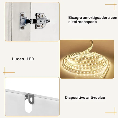 Miniatura 5 de Armario de 3 puertas con espejo, armario LED con puertas y cajones, armario de almacenamiento de madera con barra para colgar, estantes ajustables