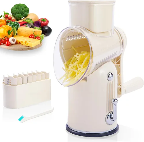 ENERGEVITY Rallador de queso giratorio manual con asa, triturador de queso de cuchillas inoxidables reemplazables 5 en 1, base de succión fuerte,