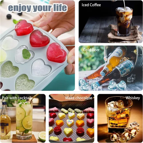 Miniatura 6 de Bandeja de cubitos de hielo en forma de corazón, molde de silicona de 21 agujeros con tapa extraíble flexible para whisky cóctel chocolate Azul
