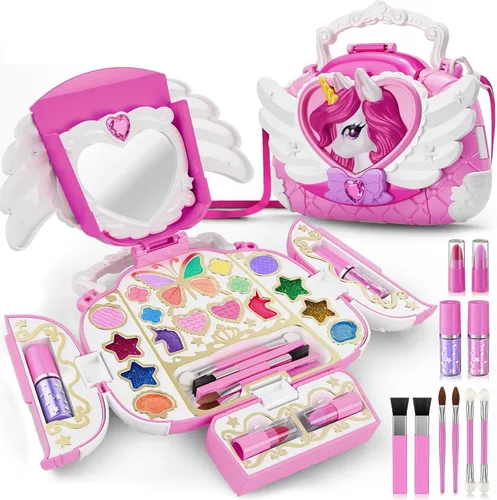 Kit de maquillaje de unicornio para niños con espejo y correa, juego de cosméticos lavable real, bolso de maquillaje de unicornio lindo todo en 1,