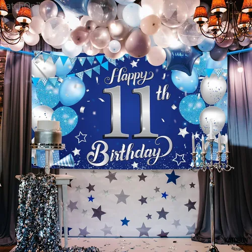 Miniatura 3 de KatchOn, Cartel de feliz cumpleaños número 11 azul y plateado, grande, 72 x 44 pulgadas, telón de fondo de cumpleaños número 11 para decoraciones