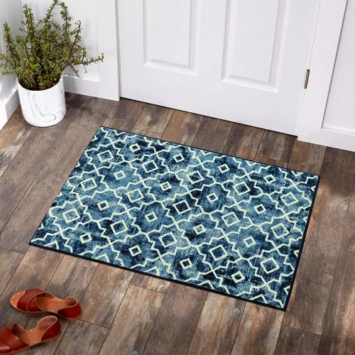 Moynesa Alfombra marroquí lavable de 2 x 3 pulgadas, pequeña, azul, para cocina, baño, suave, antideslizante, de pelo bajo, moderna, geométrica,