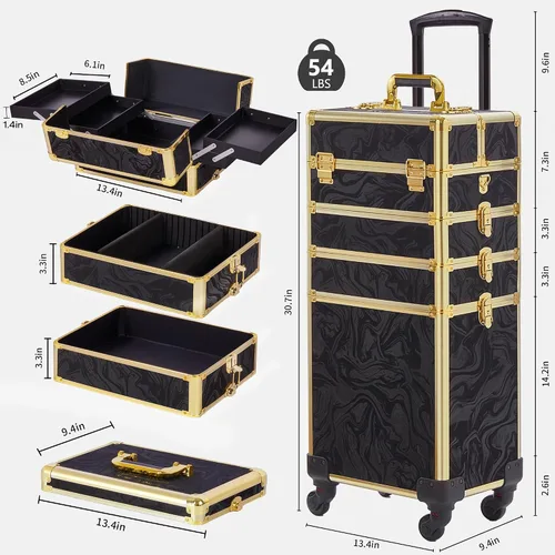Miniatura 3 de Somduy estuche rodante de maquillaje, estuche de maquillaje con tapa, estuche de cosmetología 5 en 1 con ruedas, regalo de Navidad, organizadores