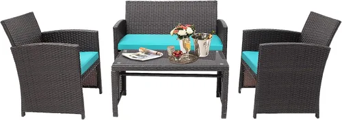 Miniatura 10 de HAPPYGRILL Juego de 4 muebles de mimbre para exteriores con mesa de centro de vidrio templado, cojines suaves, juego de sillas de ratán resistentes