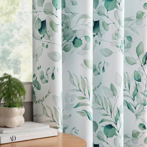 Miniatura 14 de Cortinas 100% opacas con patrón floral azul, 96 pulgadas de largo para dormitorio, estampado de hojas de acuarela, cortinas con aislamiento térmico