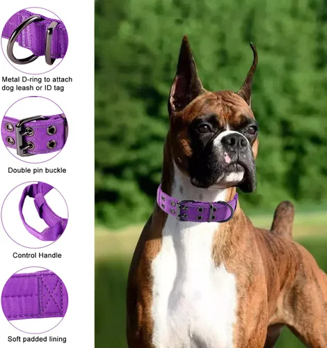 Miniatura 3 de Collar reflectante para perro táctico resistente con mango de control y hebilla de metal para entrenamiento de perros (M, morado)