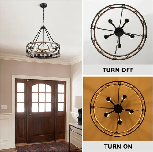 Miniatura 3 de Candelabro de Granja para Comedor de 5 Luces Negro Rústico de Tambor Candelabros de 20" Textura de Madera Lámpara Colgante Ajustable para Isla