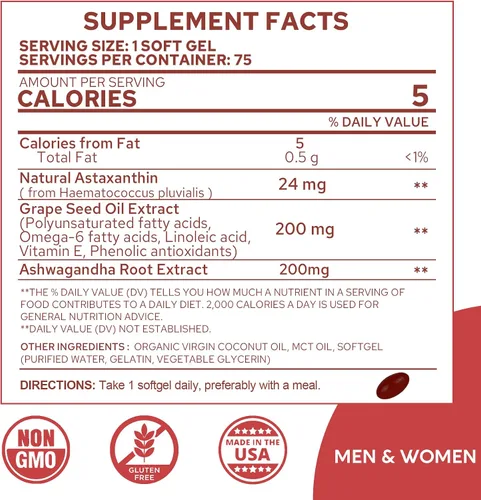 Miniatura 2 de Suplementos de astaxantina de 24 mg, suministro para 5 meses – Aceite de coco MCT, fuente de microalgas frescas con aceite de semilla de uva