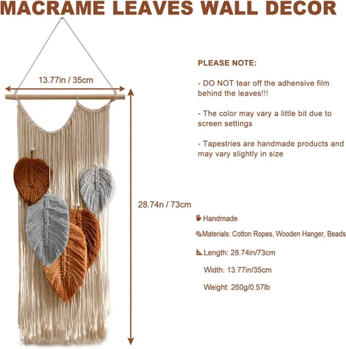 Miniatura 4 de Tapiz de hojas de macramé para decoración de pared, tapices tejidos bohemios, arte de pared de hojas de otoño, grandes borlas bohemias, adorno