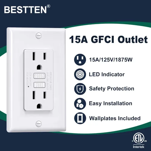 Miniatura 2 de BESTTEN Salida GFCI de 15 amperios con diseño súper delgado, toma eléctrica GFI con indicador LED, receptáculo GFCI no resistente a manipulaciones