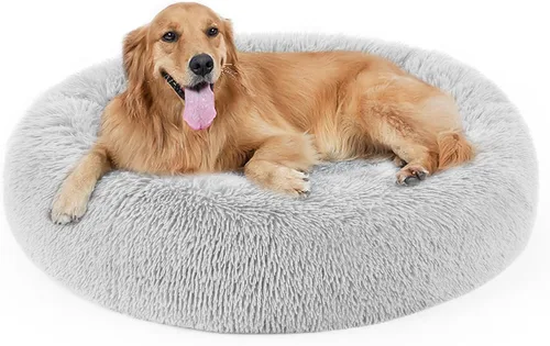 Miniatura 16 de Cama para perros, cama calmante para gatos, cama de felpa de piel sintética con forma de rosquilla para mascotas, cama redonda para perros y gatos