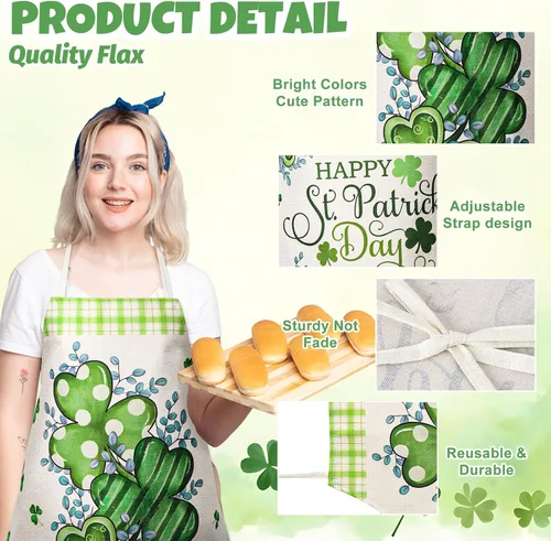 Miniatura 3 de Whaline Delantales del día de San Patricio, delantales de cocina ajustables con trébol de acuarela, delantales de cocina de trébol verde