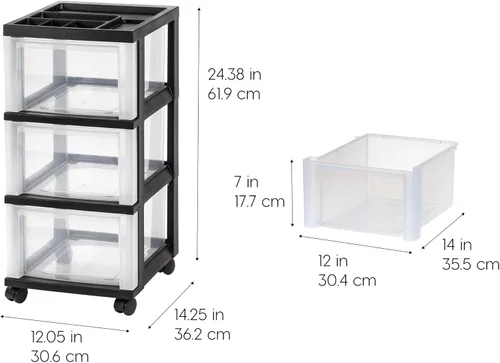 Miniatura 3 de IRIS USA Organizador de almacenamiento con cajones de plástico, carrito rodante, con ruedas giratorias, 3 cajones, para aula, suministros de arte