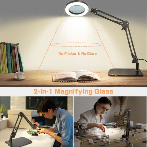 Miniatura 5 de Lupa con abrazadera de luz y base, lámpara de aumento de 15 x 10 X para escritorio, 72 lupas de lente de vidrio LED, 3 modos de color regulable