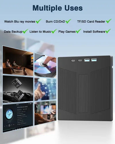 Miniatura 6 de Soporte 7 en 1 disco 100G R/W para PC Blu Ray Drive, USB 3.0 y Tipo-C Bluray Burner externo y lector de tarjetas SD/TF, unidad Bluray externa