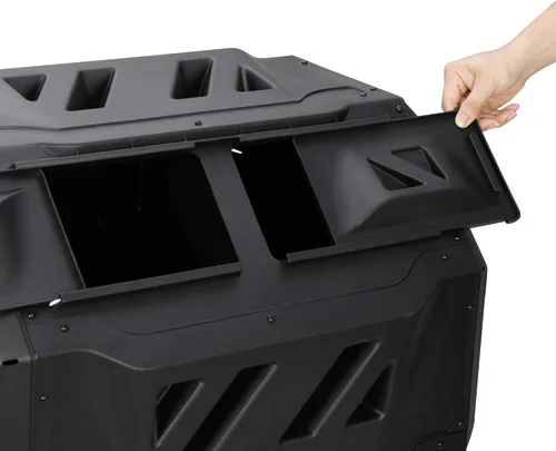 Miniatura 8 de Contenedor de compostaje para exteriores con doble cámara, giratorio de 43 galones, con puertas correderas y marco de acero, sin BPA, para jardín