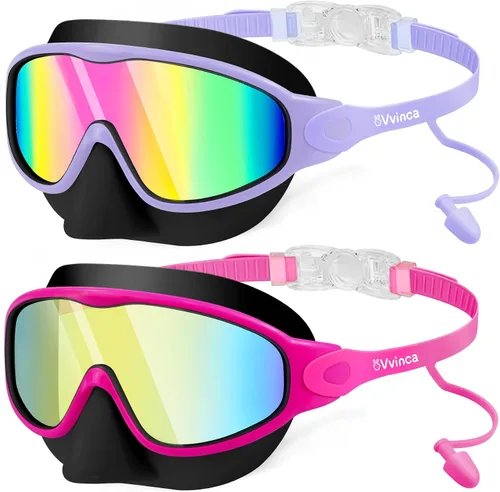 Miniatura 14 de Vvinca Gafas de natación para niños, con tapones para los oídos y clip para la nariz, visión amplia, antivaho y UV, para niños y niñas de 3 a 15 años