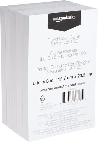 Miniatura 2 de Amazon Basics Tarjetas de notas de índice rayadas, 500 unidades, 5 paquetes de 100, blancas, 5 x 8 pulgadas