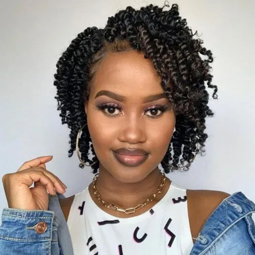Miniatura 11 de ZRQ Paquete de 8 paquetes de cabello corto pretrenzado Bob Passion Twist con extremos rizados, 10 pulgadas, cabello negro preenrollado, 12