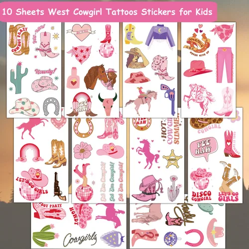 Miniatura 2 de CHARLENT Tatuajes temporales de vaquera para niños, suministros de fiesta, tatuajes temporales de vaquera occidental para niñas, regalos de fiesta
