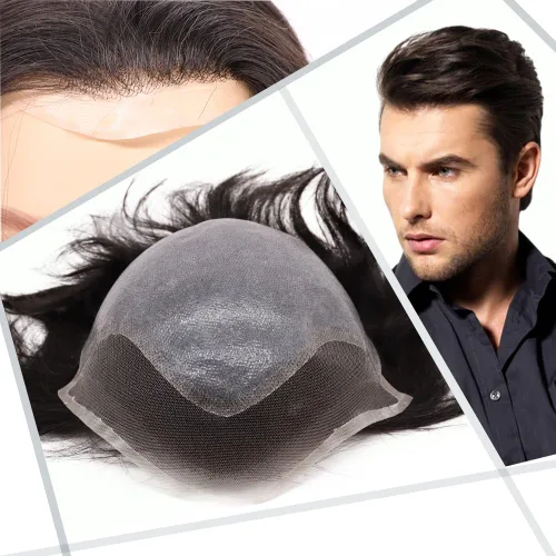 Miniatura 25 de Toupee - Peluca de cabello humano europeo con encaje frontal suizo y línea capilar natural para hombre, con piel sintética, sistema de reemplazo