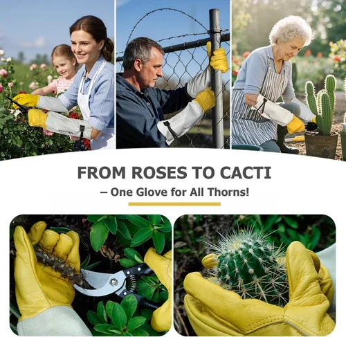 Miniatura 5 de Guantes de jardinería a prueba de espinas para poda de rosas y recortes de cactus, guantes largos de cuero de jardín para mujeres y hombres (talla M)