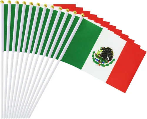 Bandera de México, bandera mexicana, pequeñas mini banderas de mano de México en palo, ideal para fiestas, desfiles, eventos deportivos,