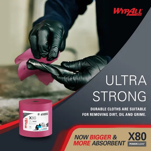 Miniatura 6 de WypAll PowerClean X80 - Toallitas resistentes (41055), Jumbo, toallas de uso prolongado, color rojo (1 rollo de 455 hojas, 455 hojas en total)
