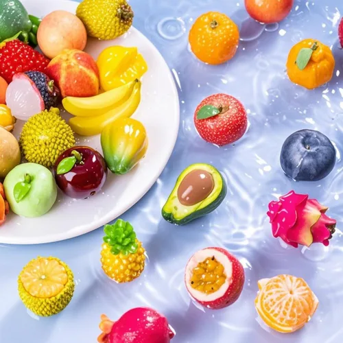 Miniatura 2 de Exasinine 33 piezas de figuras de frutas en miniatura, fresa, melocotón, uvas, mini figuras de resina, frutas artificiales para jardín, cocina