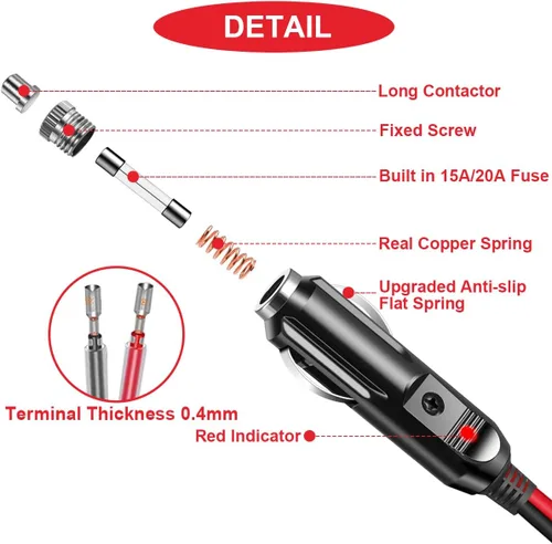 Miniatura 3 de Enchufe de repuesto para encendedor de cigarrillos macho de 12 V, enchufe macho de repuesto para encendedor de cigarrillos macho, con cables, luz