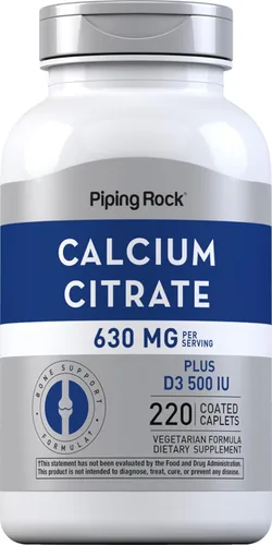 Piping Rock Citrato de calcio con vitamina D3 | 630 mg | 220 comprimidos | Suplemento para mujeres y hombres | Vegetariano, sin OMG, sin gluten