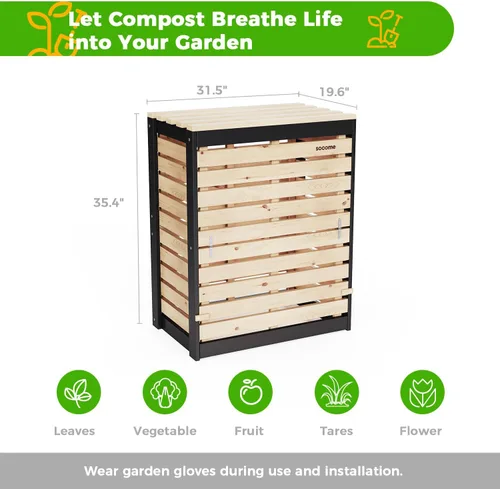 Miniatura 2 de Cubo de Compostaje de 95 Galones de Madera Sólida, Cubo de Compostaje para Exteriores con Puerta Deslizante, Cubo de Compostaje Grande para el Patio