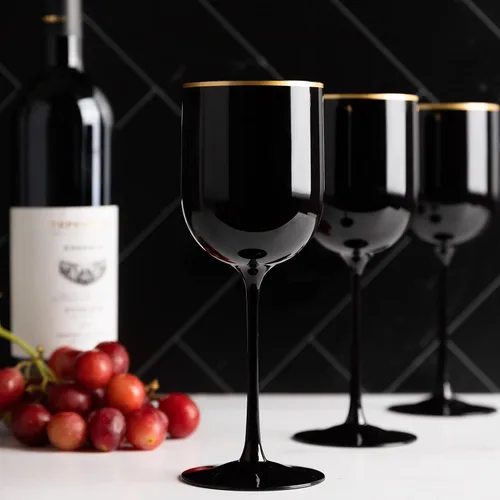 Miniatura 3 de PLASTICPRO Juego de 5 copas de vino de plástico con borde dorado, elegantes copas de vino de plástico duro en tallo de 12 onzas